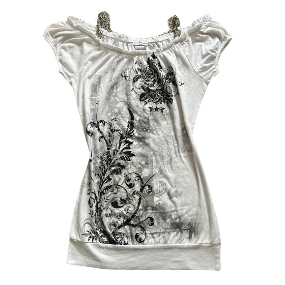 Tops - Y2K White and Grey Graphic Rhinestone Off the Shoulder Tunic/Top